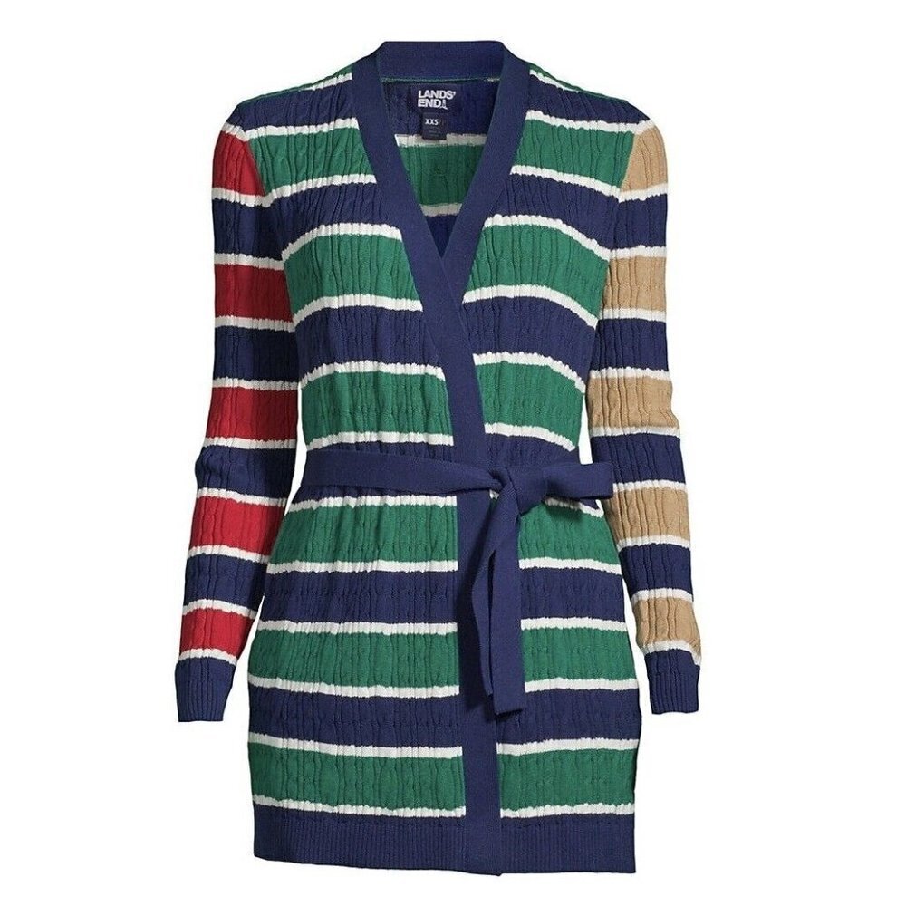 Lands End Cable‎ Knit Tie Front Cardigan Size M Tall 10-12 Stripe Green Red Blue